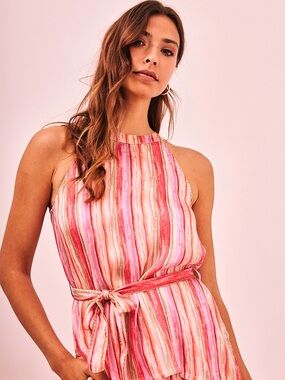 Striped Pink Halter Tank Top with Waist Tie